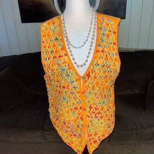 Shelly & Arnold • Vtg • Medium • Orange W/ Multi-Colors • Cross • Weave • Vest